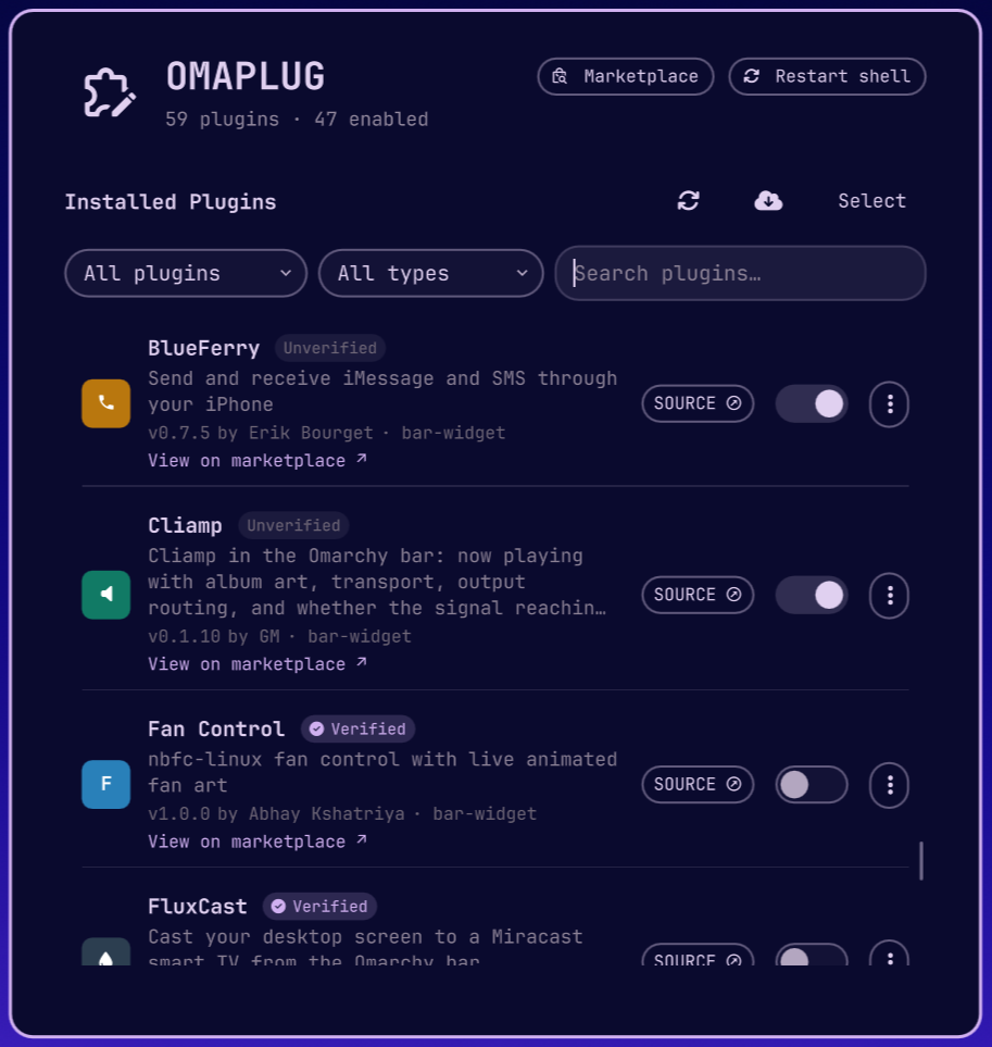 Main plugin list